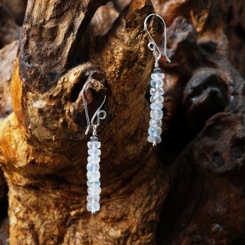 Elegant sterling silver wire wrapped stacked Rainbow Moonstone Earrings 01