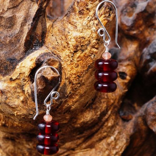 Handcrafted sterling silver wire wrapped stacked Sunstone Cherry Amber earrings 01 Full View