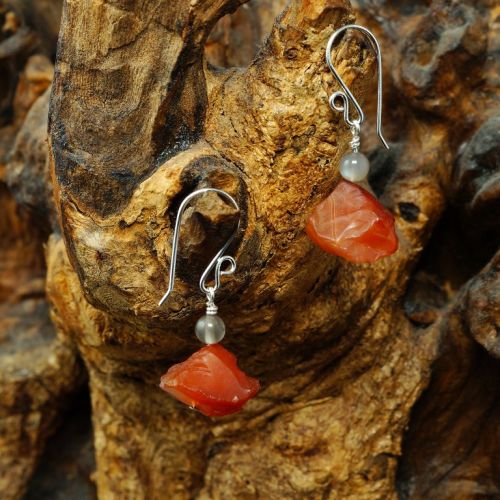 Handcrafted sterling silver wire wrapped Black Sunstone Carnelian earrings 01 Full View