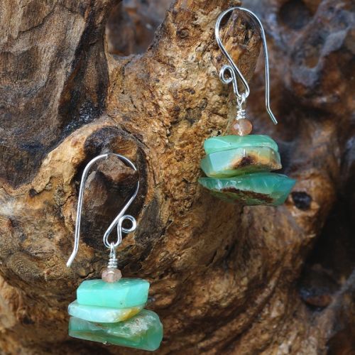 Handmade sterling silver wire wrapped Sunstone  stacked Green Chrysoprase slices earrings 01