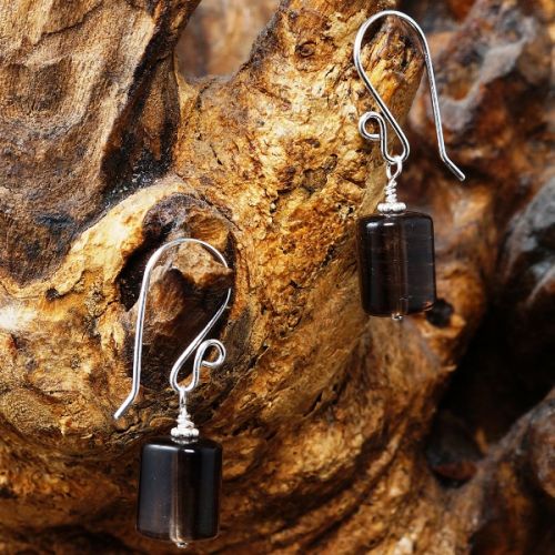 Handmade sterling silver wire wrapped trillion Smokey Quartz Tube Earrings 03 Full View