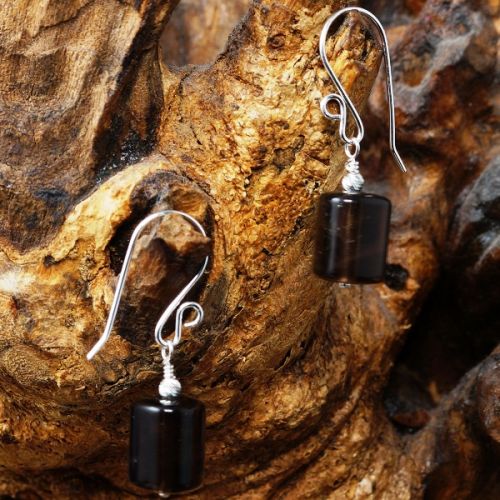 Handmade sterling silver wire wrapped Trillion Smokey Quartz Tube Earrings 01 Full View