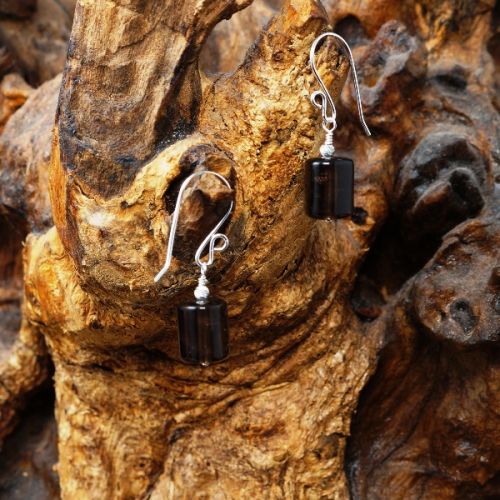 Handmade sterling silver wire wrapped trillion Smokey Quartz Tube Earrings 01 Full View