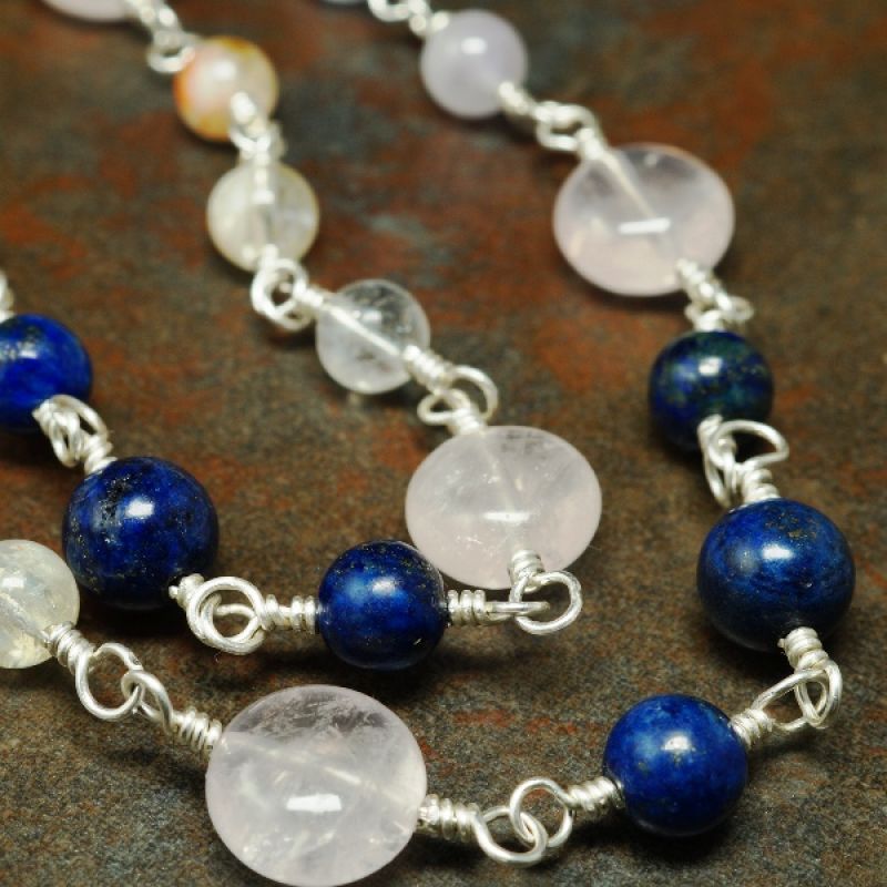 Handmade recycled sterling silver wire wrapped Lapis Lazuli, Amethyst, Citrine and Rose Quartz double choker for the launch of a personal energy mapping business