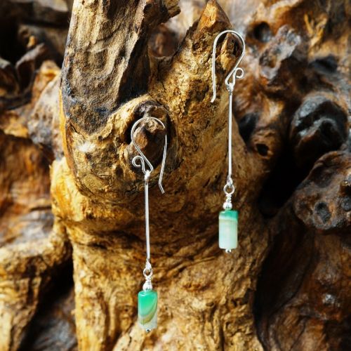 Handmade sterling silver wire wrapped suspended Green Bamboo Agate earrings 01