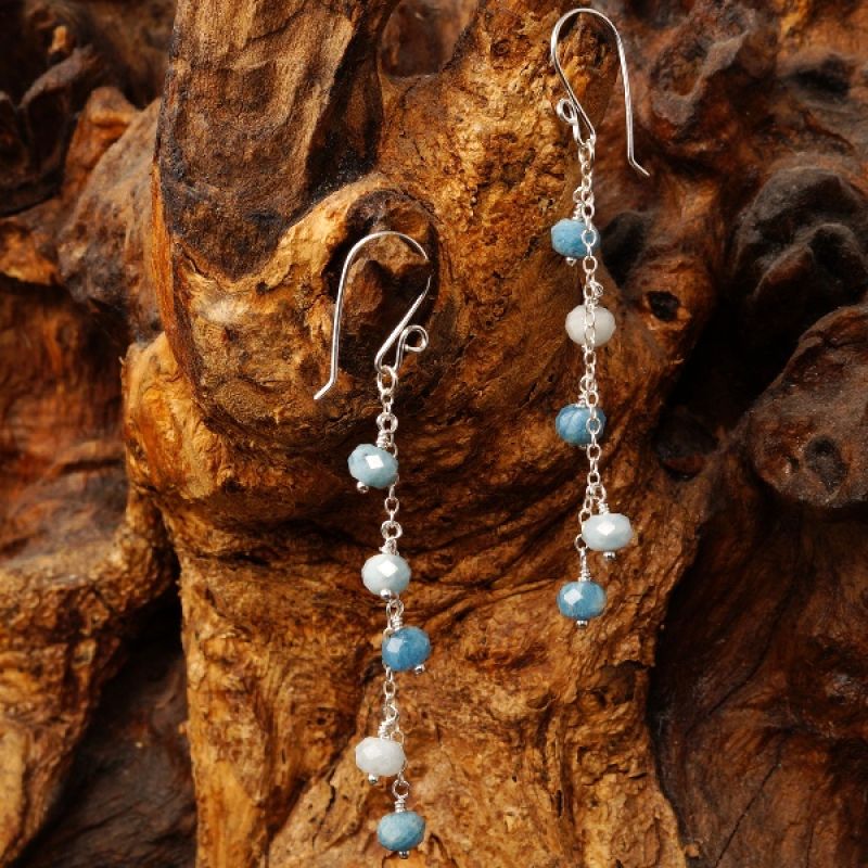 Handcrafted sterling silver wire wrapped Aquamarine Waterfall Earrings 02