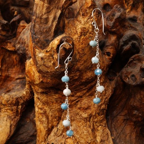 Handcrafted sterling silver wire wrapped Aquamarine Waterfall Earrings 02
